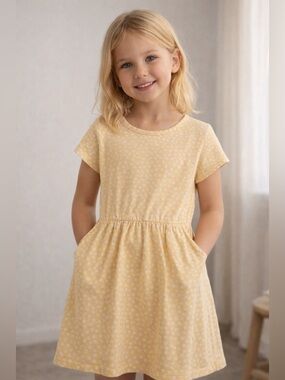 Cat & Jack 6/7yr Yellow Girls Pocket Dress White Flowers Play Comfort